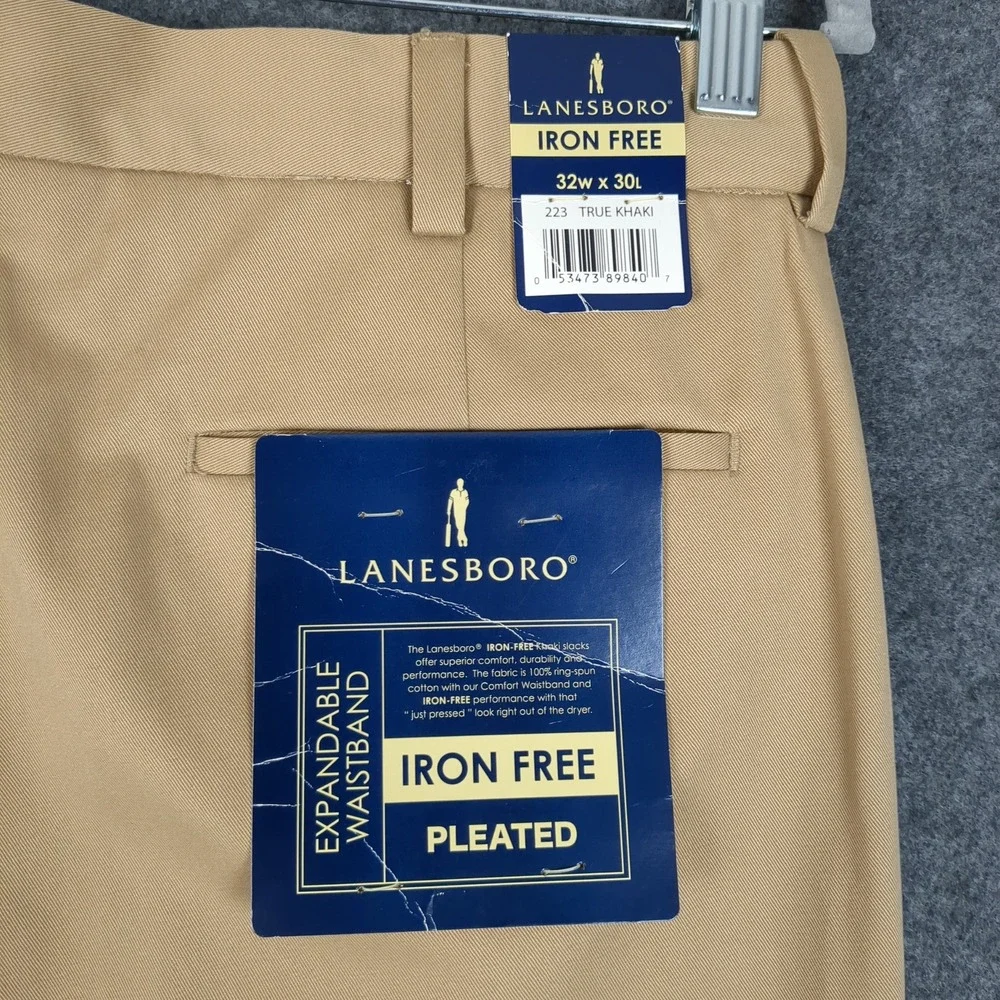 Lanesboro‎ Mens Pleated Khaki Pants 32W x 30L Iron Free Expandable Waist Cotton